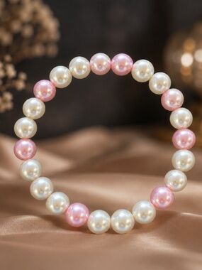 Pink & White Faux Pearl Choker Necklace Stretch Elastic
